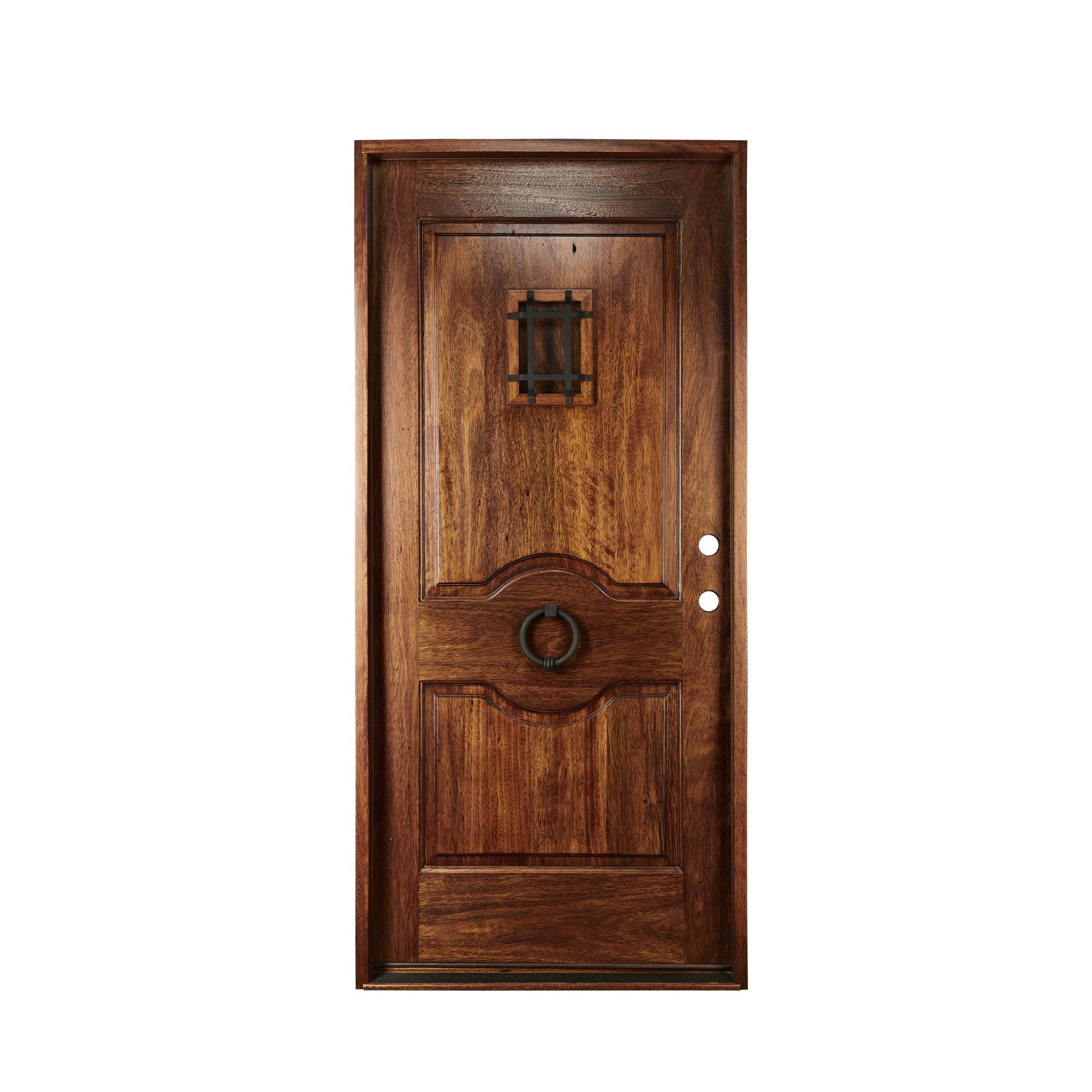 36" Prehung Rustic Mahogany Entry Door System (Speakeasy Iron Knocker)